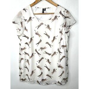 Vera Moda Blouse Women Size L White Lined Leopards Animal Print Pullover Top